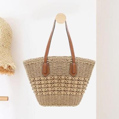 Bolsa de palha de ombro Bolsa tecida à mão estilo preguiçoso Bolsa tote de grande capacidade Bolsa de férias feminina Cesta de vegetais Bolsa de praia
