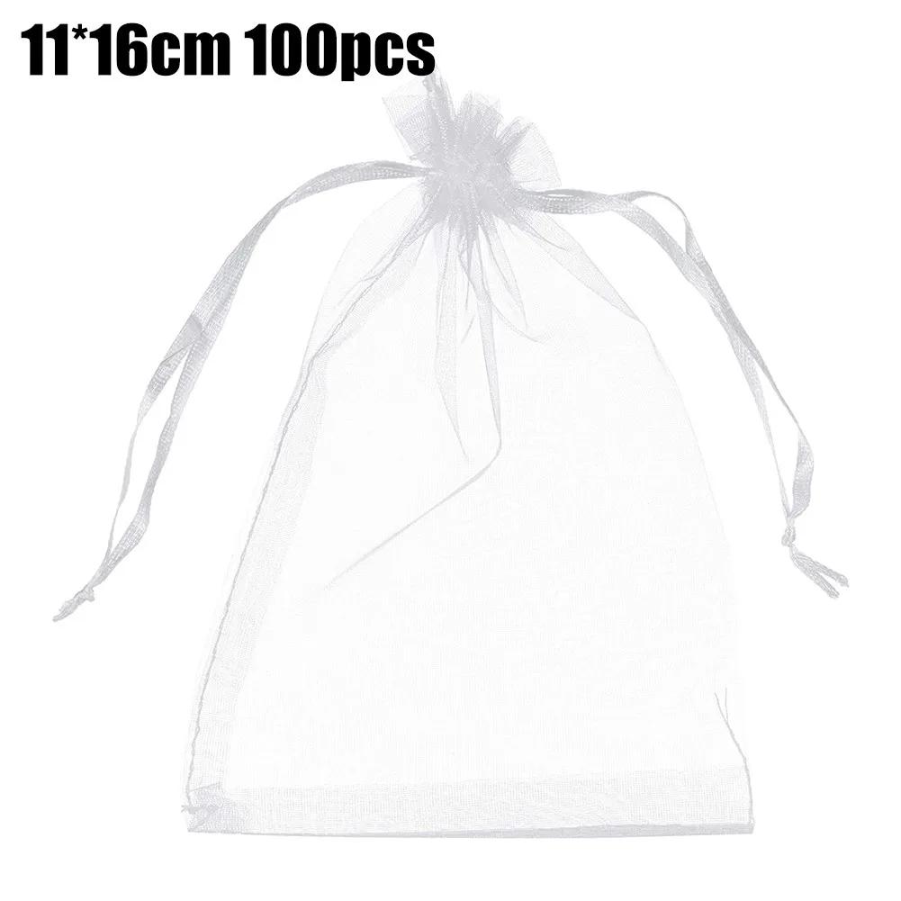 100Pcs White Organza Bags Jewelry Drawstring Pouches Wedding Party Christmas Candy Bags Jewelry Packing