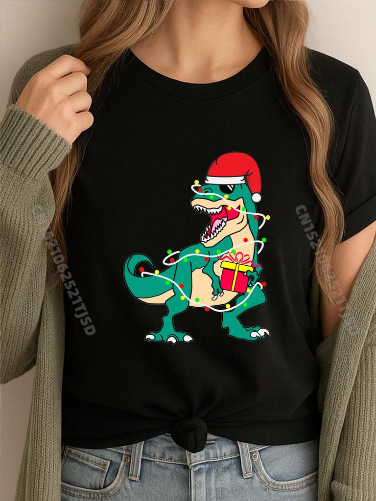 Dinosaur With Santa Hat Christmas Dinosaur T Rex Mens Korean Fashion Camiseta Masculina Outdoor