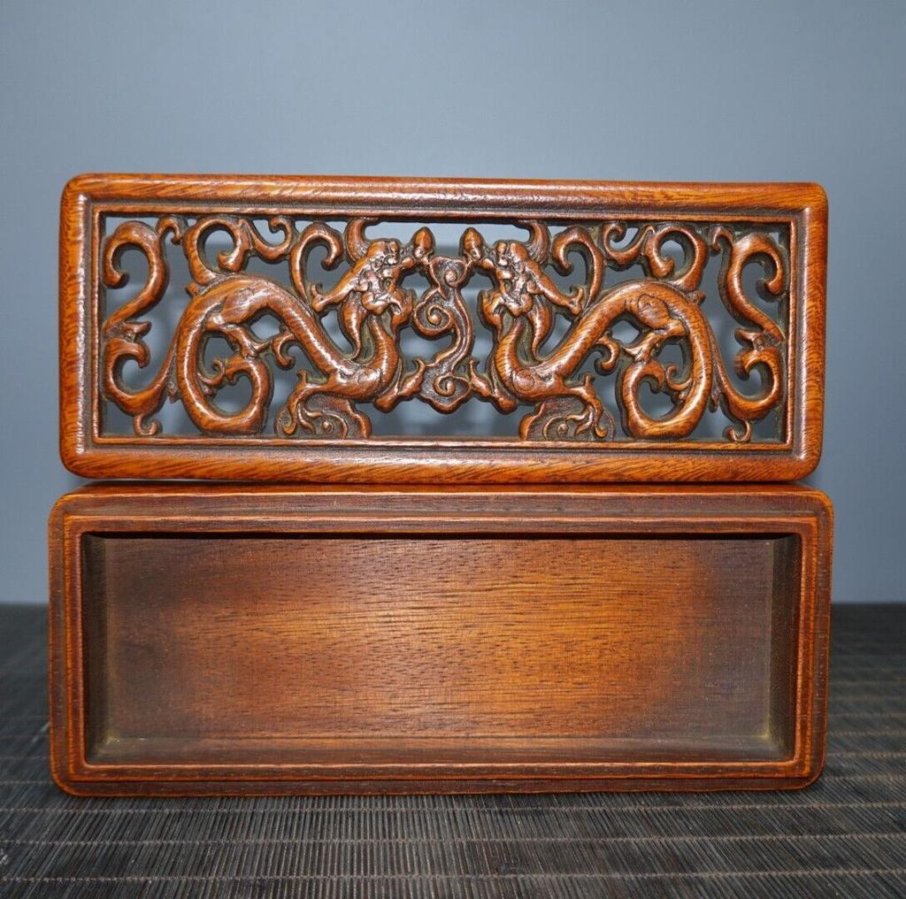 Chinese Antique Vintage Rosewood Jewelry Box Carved Dragon Loong Statue Box Art
