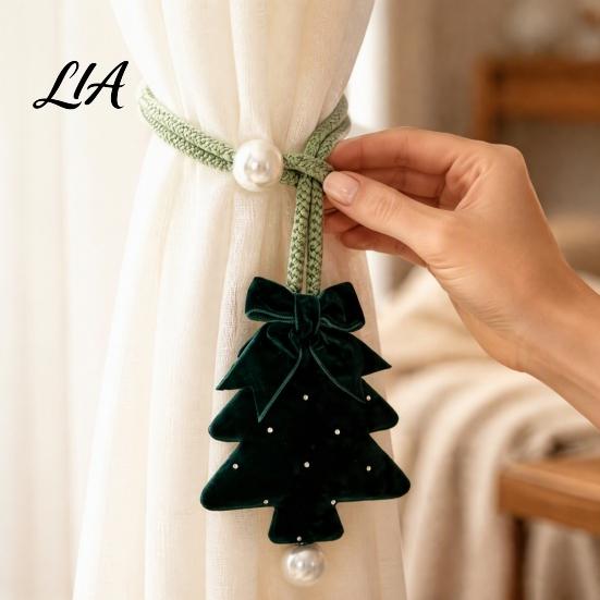 Reusable Christmas Decorations Tree Curtain Tieback, Green Velvet Holder with Bow And Festive Door Handle Pendants Faux Pearl, Decorative Drape