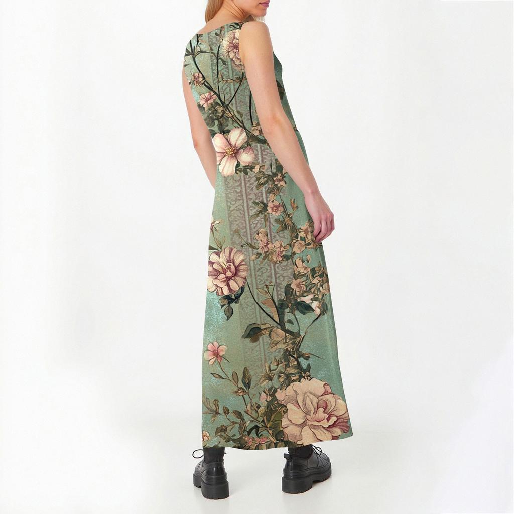 Women's Summer Casual Fashion Flower Printed Sleeveless Round Neck Pocket Dress