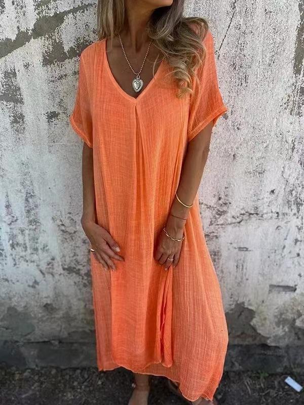 Women's Short Sleeve Maxi Dress V Neck Mid Rise Casual Linen Loose Fit Long Dress
