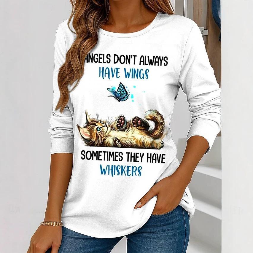 Herbst und Winter Damen Katze 3D-Druck Rundhals Langarm T-Shirt