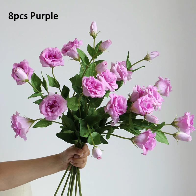 

Букет из 8 штук искусственной эустомы фиолетового цвета, мягкий на ощупь, шелковые цветы лизиантуса, домашний декор, свадебная центральная композиция, цветочная композиция, букет