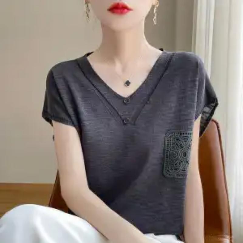 Women's Linen Blend V-Neck Lace Pocket Short Sleeve Loose Casual T-Shirt