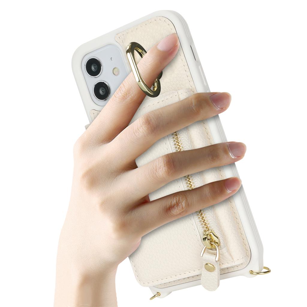 For iPhone 12/12 Pro Case Card Bag Ring Holder Litchi Texture Leather+TPU Phone Cover with Long Strap
