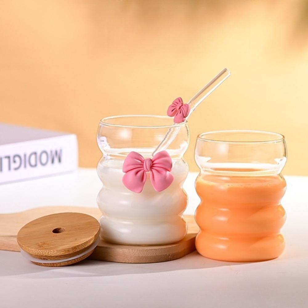 

Bowtie Decor Wave Style Mug Wooden Lid Beer Juice Cup New Glass Cup for Women Girls прозорий