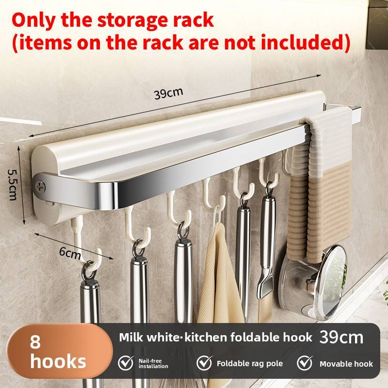 Aluminum Alloy Kitchen Wall Mount Rack With Hooks For Utensils And Cookware Storage