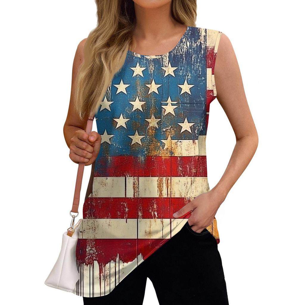 Women's Fashion Independence Day Printed Sleeveless T-Shirt Top