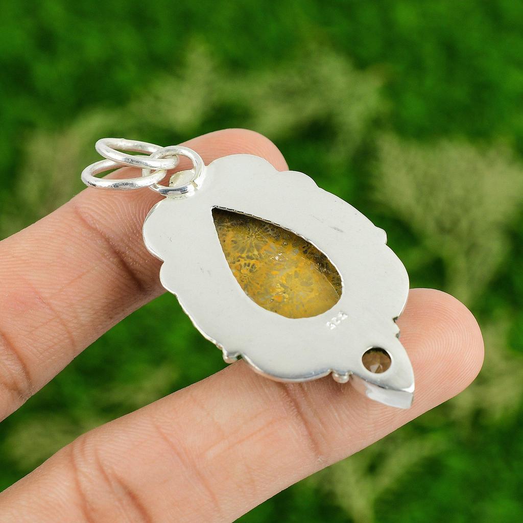 Daughters Day Sale 925 Silver Fossil Coral Gemstone Peridot Wife Pendant Jewelry