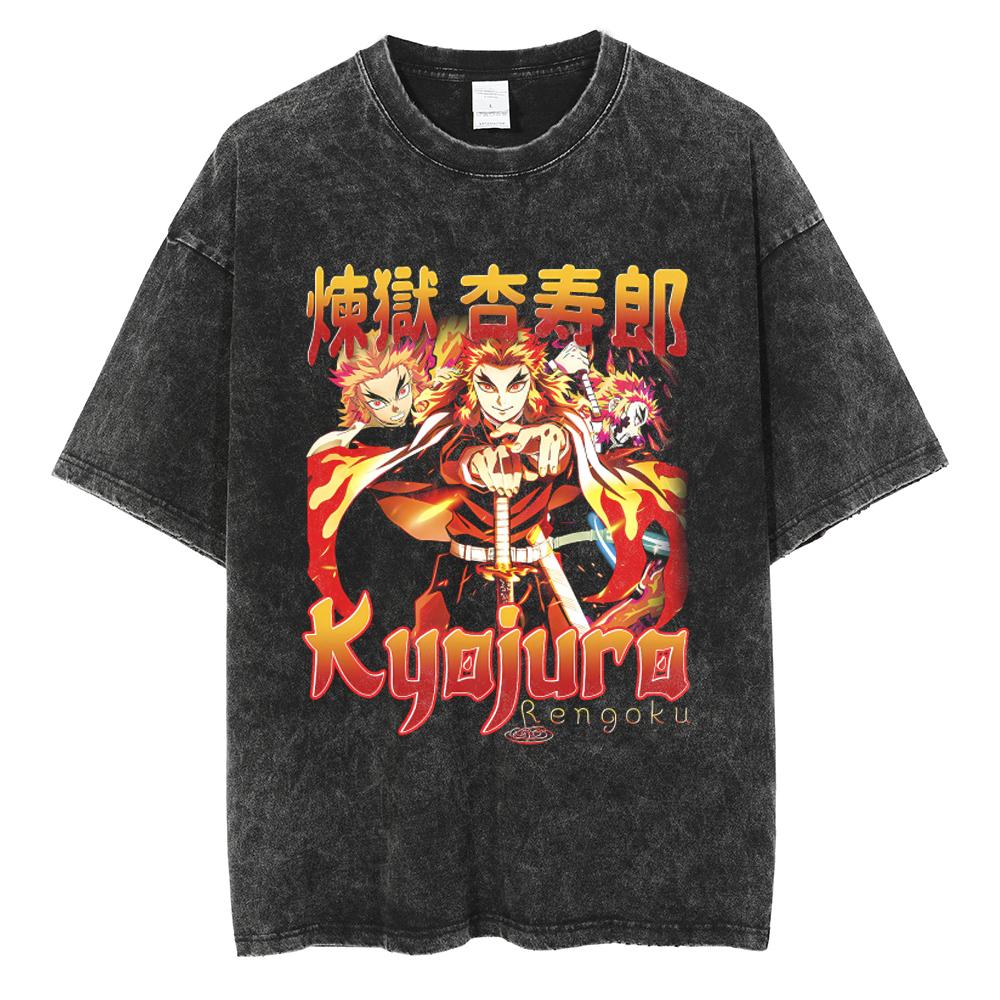 Anime Demon Slayer Rengoku Kyoujurou Graphic Printed Tshirt Men Women Manga T-shirts Washed Cotton Tee Harajuku Male T Shirt