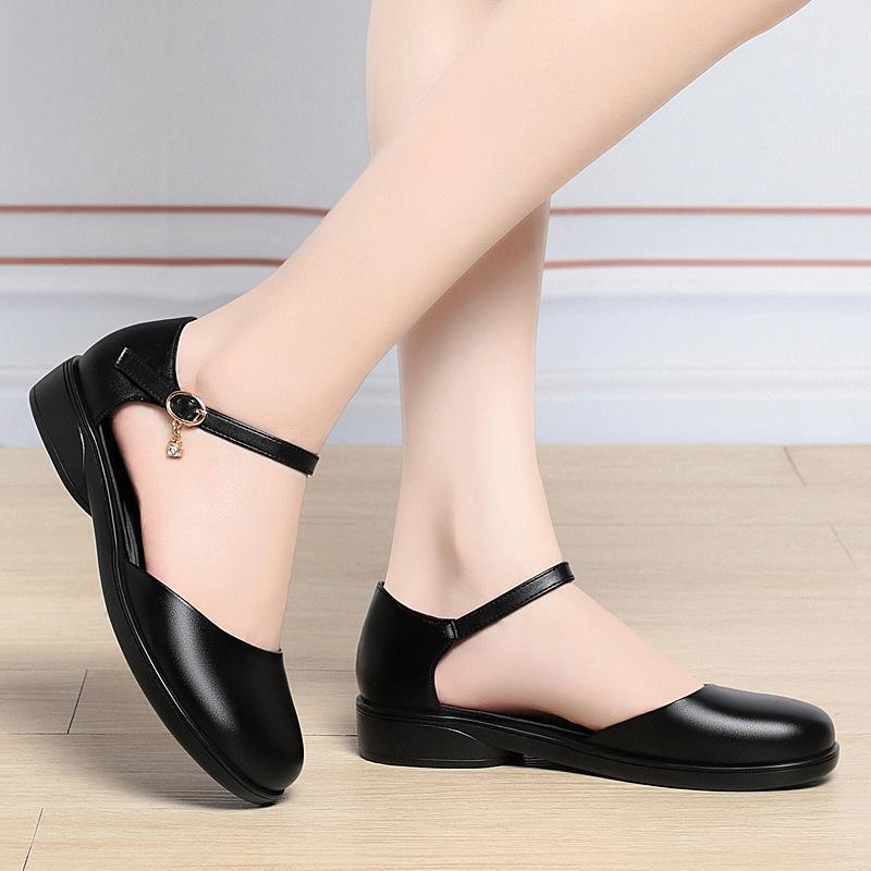 Thick Heel Summer New Fashion Soft Leather Mother Round Hollow Women's Shoes Girl