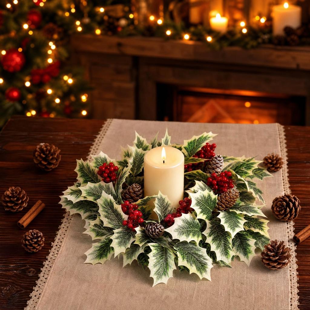 Artificial Christmas Candle with Holly, Red Berries and Pinecones for Holiday Table Decor