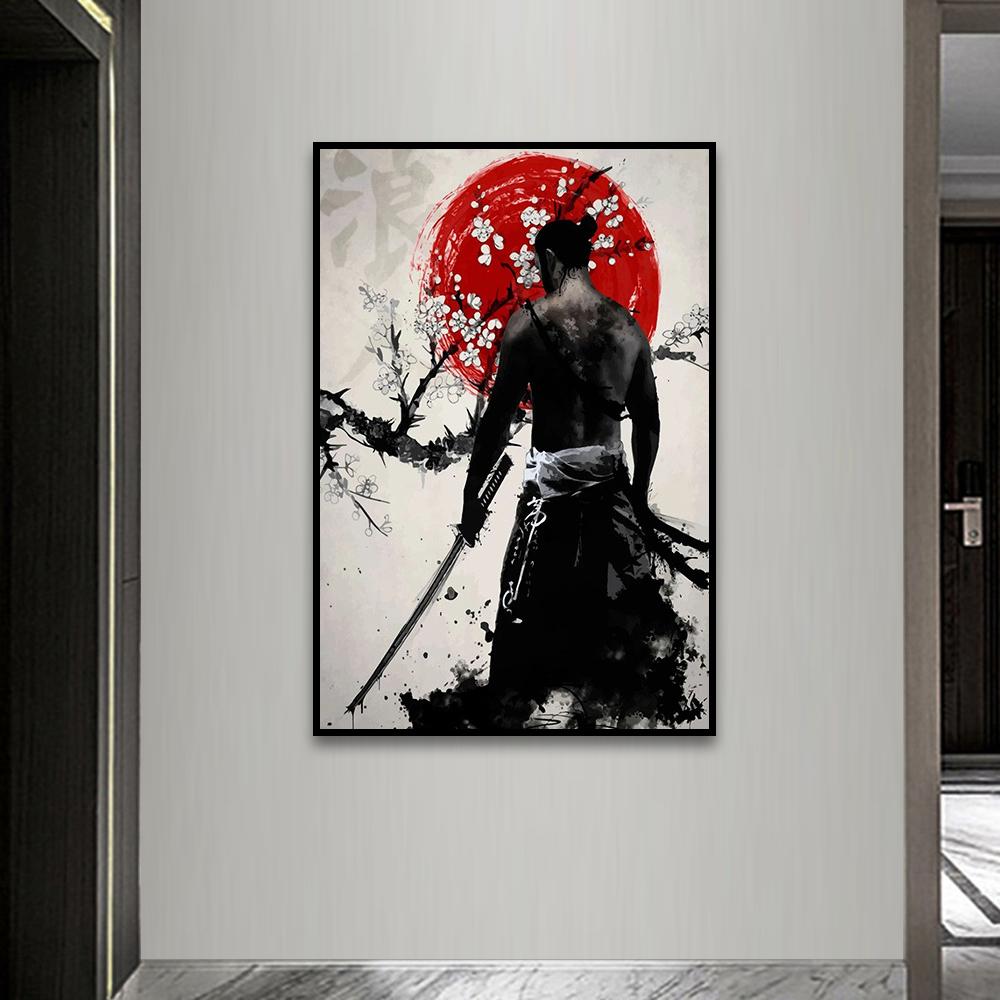 Japanische Samurai Tuschemalerei Leinwand Poster Drucke Anime Japan Samurai Wandkunst Bilder für Wohnzimmer Heimdekor Kein Rahmen