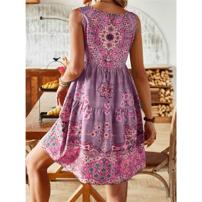 Printed Sleeveless V-neck Vest Skirt Fashion Vacation Printed Dress Women