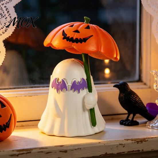 Festive Window Sill Decor Halloween Ghost Figurine with Pumpkin Umbrella And Bat Eyeglasses, Indoor Holiday Display Creative Statue for Party Desktop