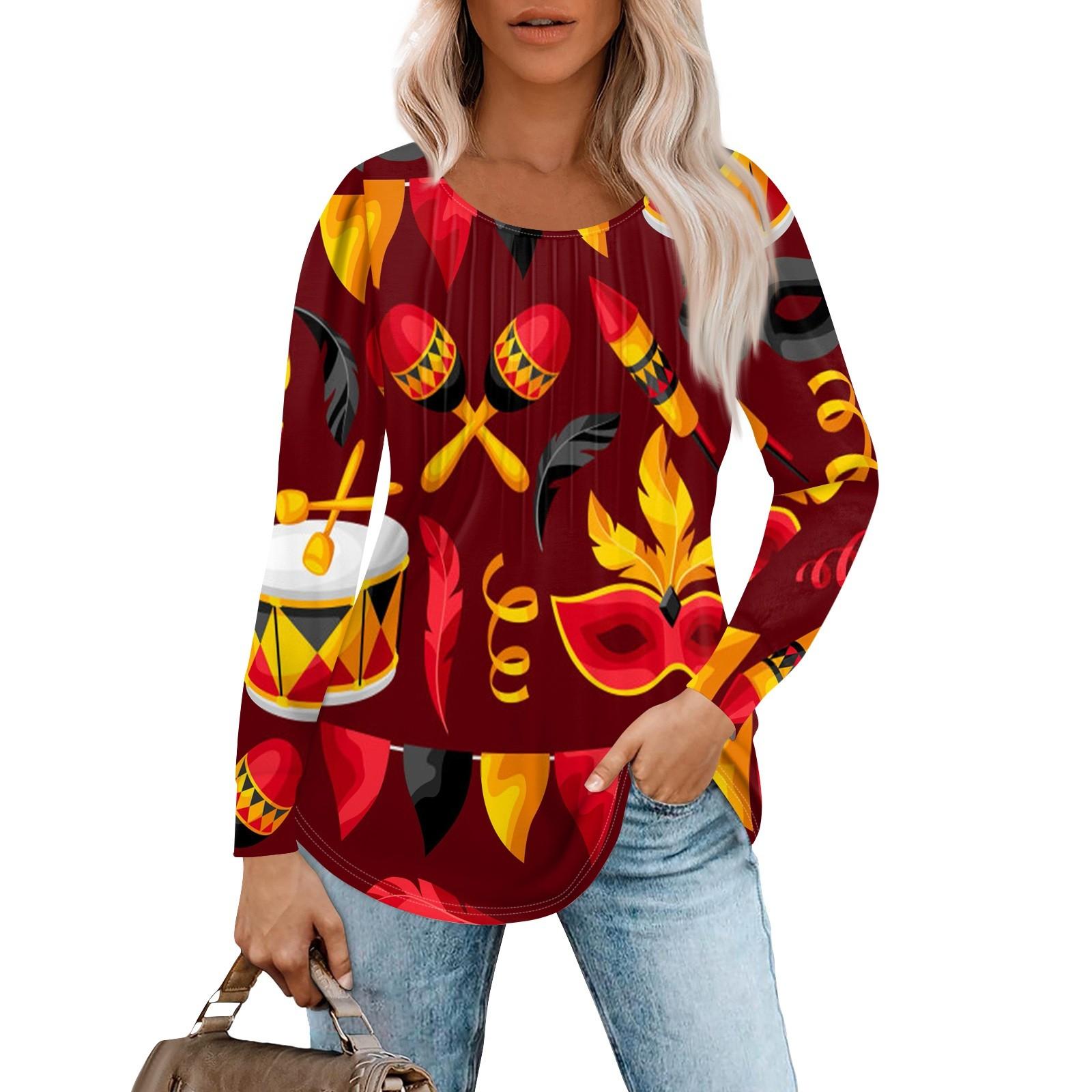 

Женская повседневная футболка с круглым вырезом и длинными рукавами, с принтом «Карнавал», плиссированная футболка L красный