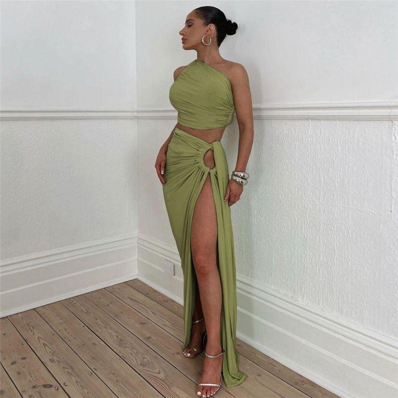 Fashion Style Ins Sexy Oblique Shoulder Evening Dress Backless Seaside Dress Sexy Cutout Split Skirt Suit