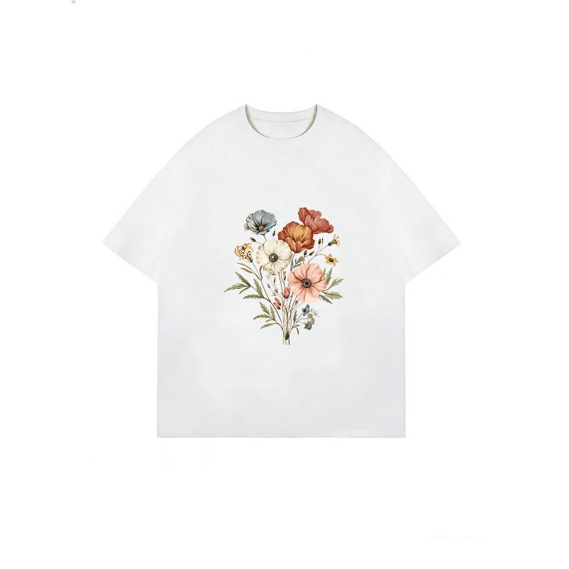 Floral Print T-Shirt White Botanical Flower Design For Casual Wear