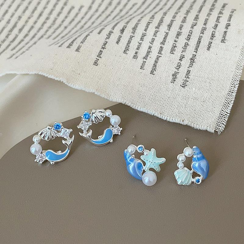 Nadmorskie Wakacje Muszla Wiatrowa Rozgwiazda Perła Kolczyki Sztyfty Damskie Świeży Temperament Słodka Osobowość Wszechstronne Kolczyki