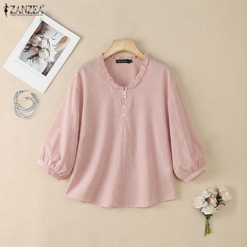 ZANZEA Women Casual V-neck Plaid Print Loose Half Sleeve Blouse