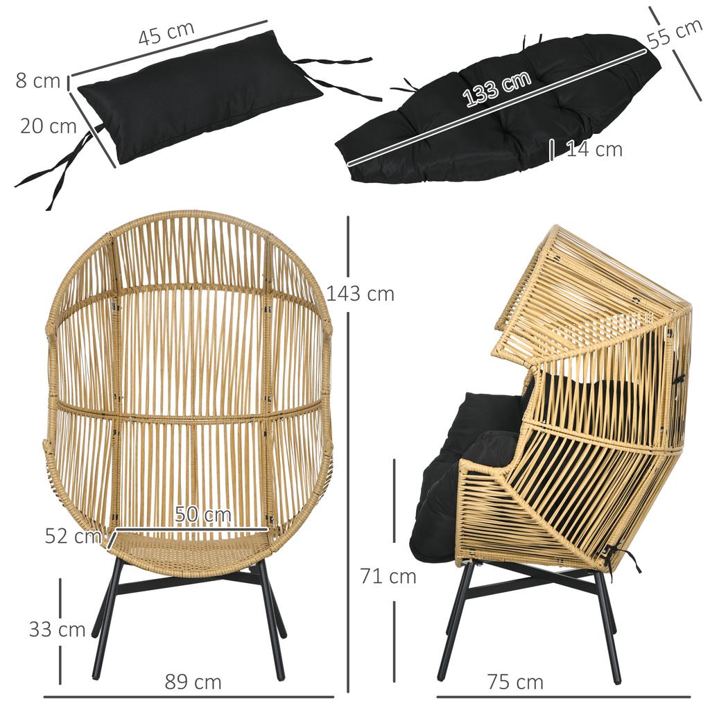 Rattan-Sessel, Stuhl für den Außenbereich, Gartenstuhl. PE-Rattan. 89 cm x 75 cm x 143 cm. Natürlich + Schwarz