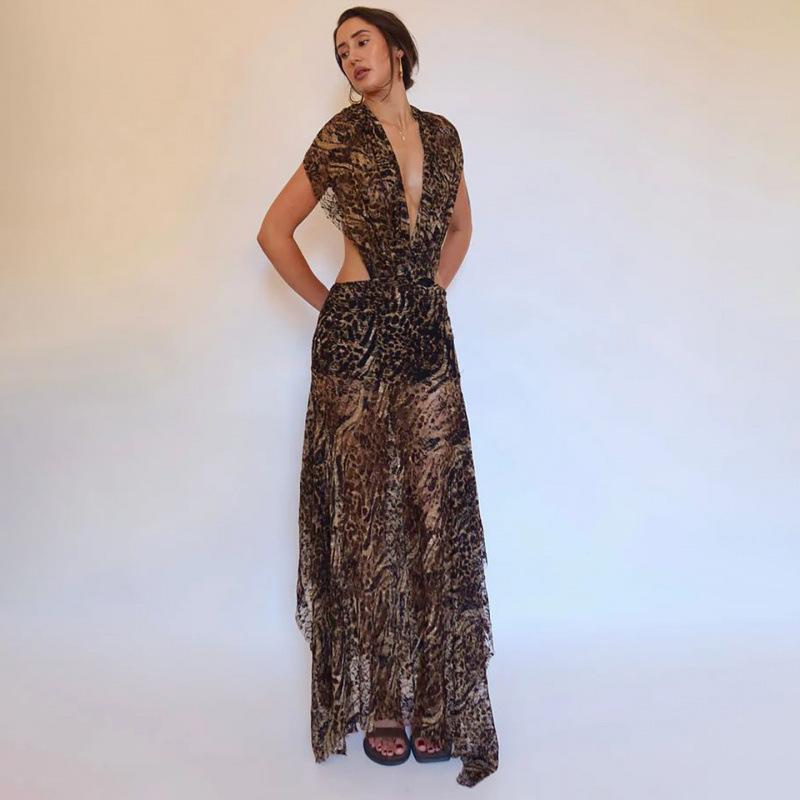 European and American style 2026 spring new women s clothing leopard print sexy deep V backless neck streamer waist dress S цветной печати леопарда