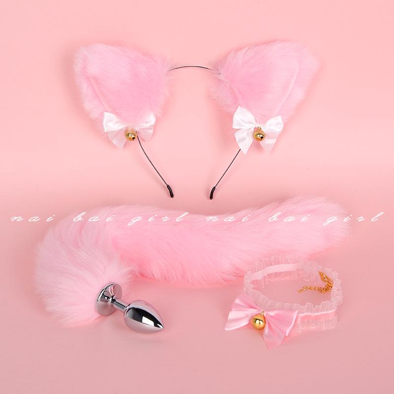 Fox Role Play Set: Metal Anal Plug with Tail, Lace Choker, and Headband for Teasing and Flirting