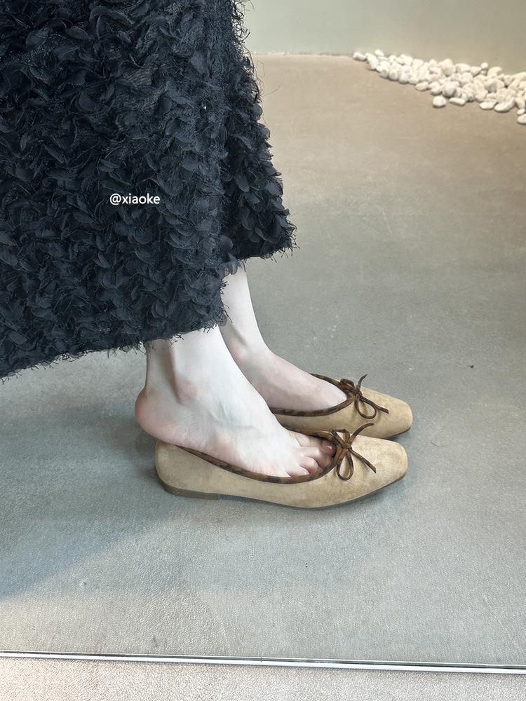 French Flat-soled Ballet Shoes Commuter Single Shoes Women's Shoes 2025 Spring and Autumn Retro Suede Bow Evening Shoes