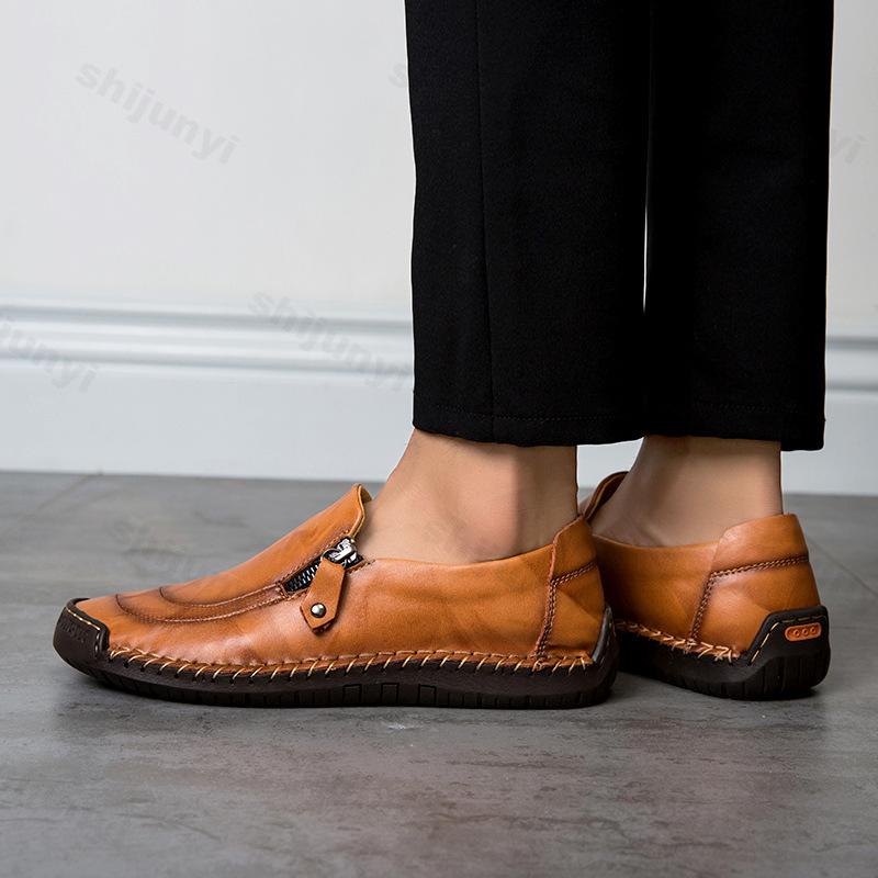 Men Leather Shoes 2025 Autumn Casual Zip Mens Loafers Driving Quality Handmade Dress Shoes Plus Size 48 Flats Moccasins Shoes