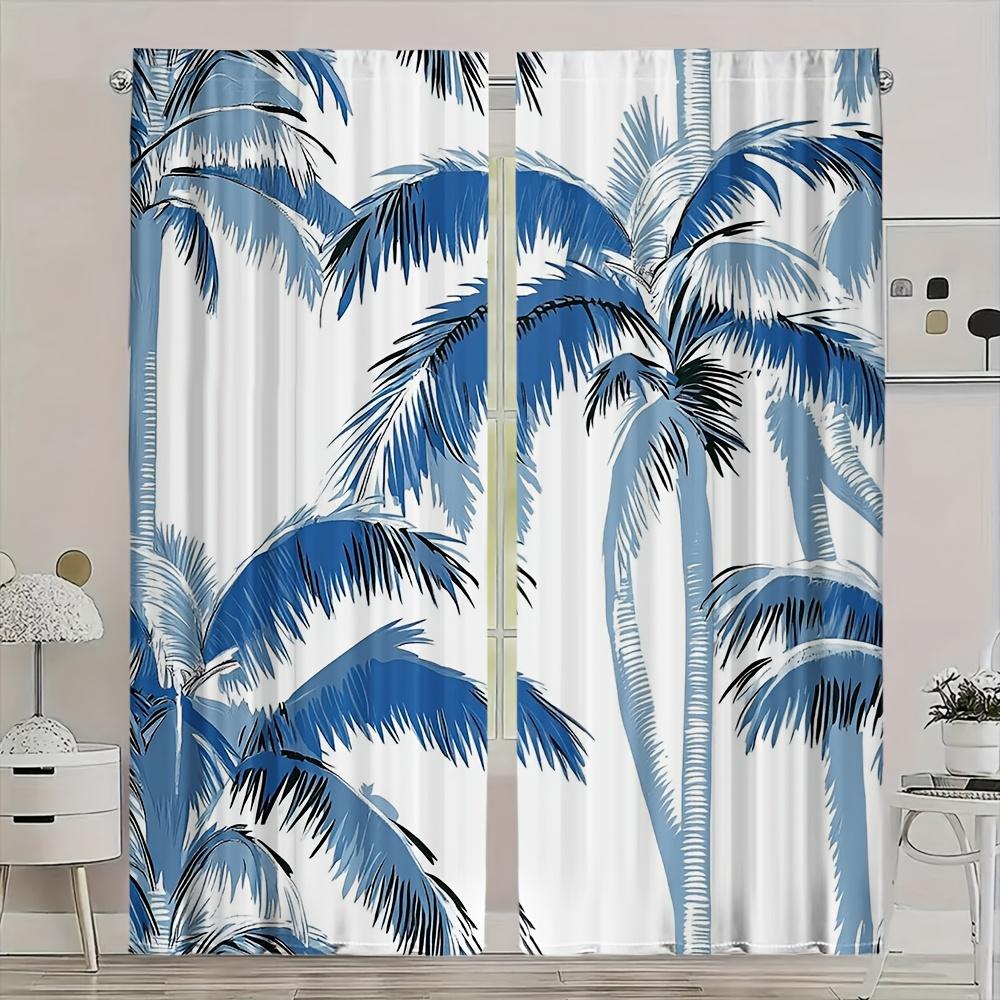 2Pcs Tropical Palm Curta No Rod Blue White Coastal Blackout For Living Room Bedroom Hotel Restaurant Decor
