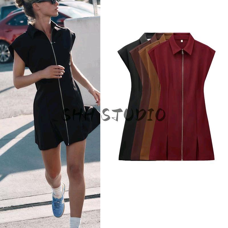 Spring New Women's Clothing French Simplicity Silm Sleeveless Lapel Zipper Mini Dress 8748841