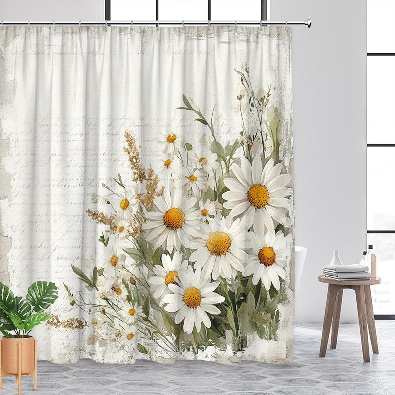 Antyczny Bukiet Stokrotek Zasłona Prysznicowa - Wzór Kwiatowy z Teksturą Starego Papieru, Białe i Żółte Stokrotki, Tkanina Poliestrowa