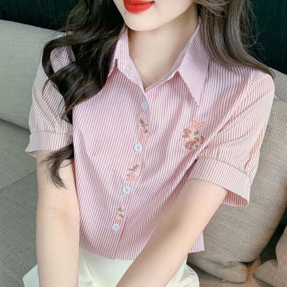 Navava Women Lovely Stripe Flower Embroidery Collar Short Sleeve Shirt Nb3155