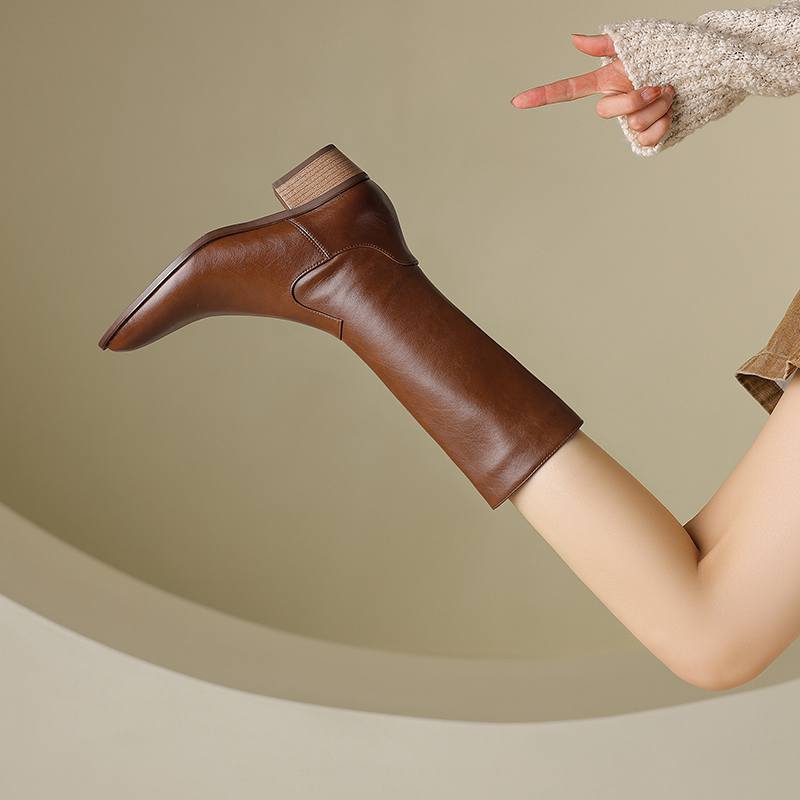 Krazing Pot Cow Leather Winter Pointed Toe Thick Med Heels Western Boots Women Zipper Retro Vintage Mid-calf Boots
