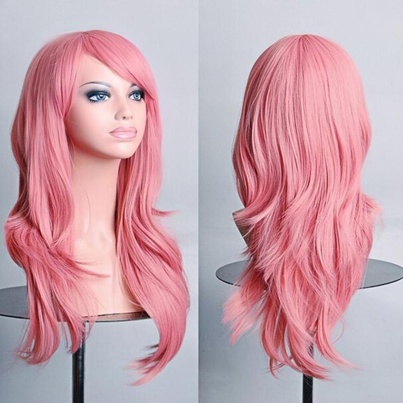 Soowee 70cm Lange Synthetische Perücken Rosa Lila Cosplay-Perücke Gewellt Halloween-Kostümhaar Kunsthaar für Damen