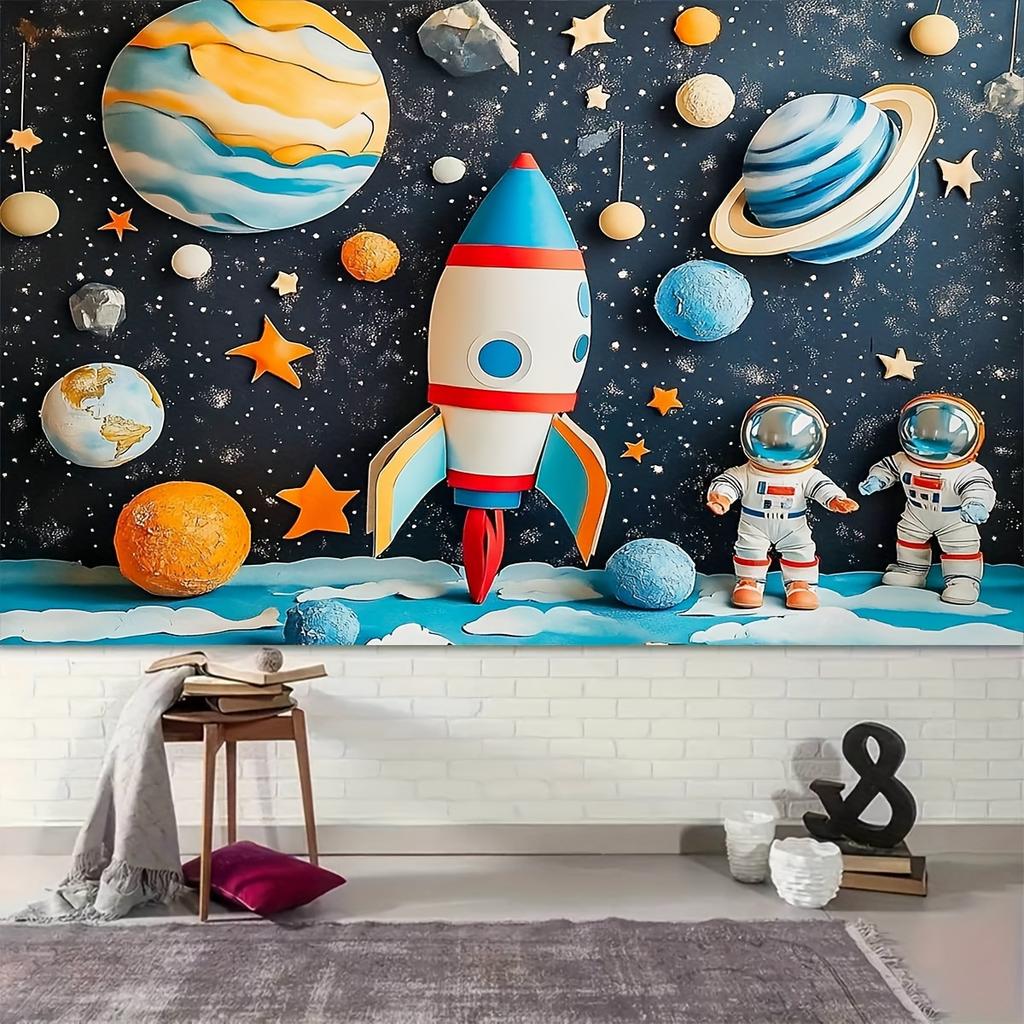 1pc 2D Flat Background Banner with Cartoon Astronaut Rocket and Planet Pattern Background Decoration