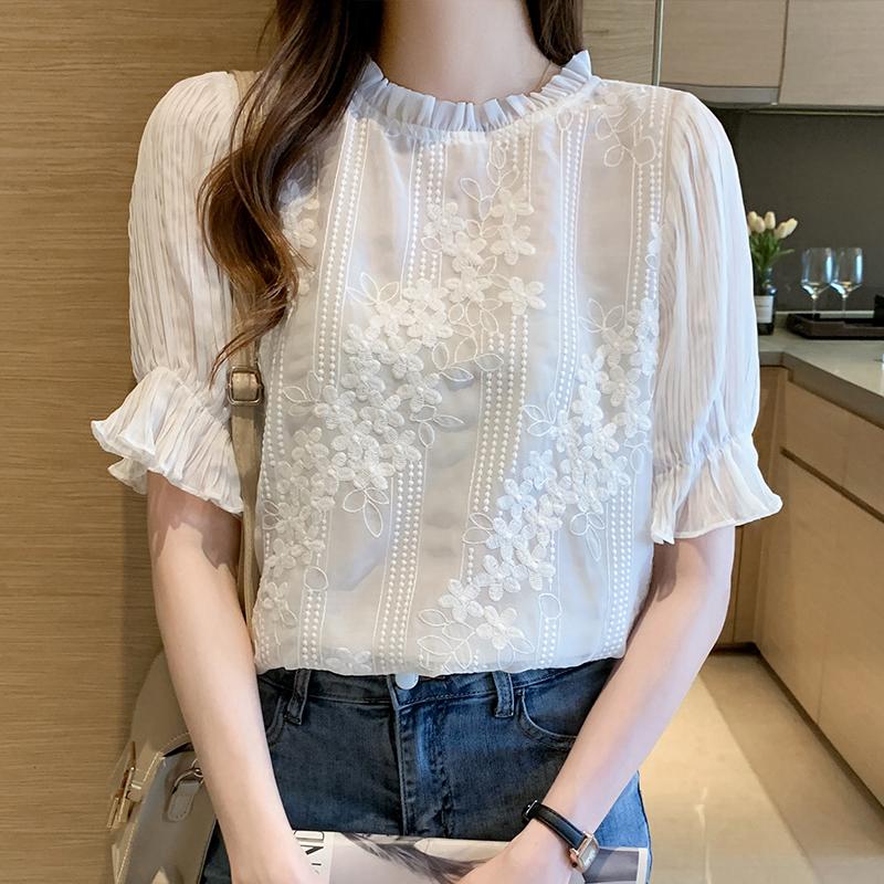 Sommer Frauen Tops Kurzarm Weiß Spitze Chiffon Hemd Mode Neue 2022 Süße Oansatz Bluse Frauen Kleidung J147