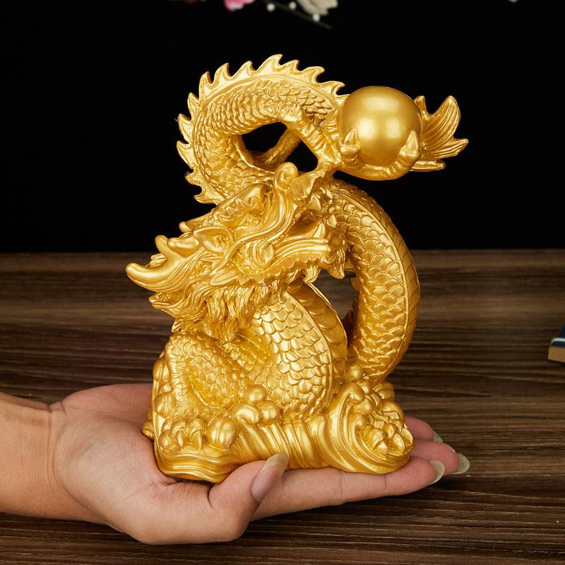 Harz Glücksdrachen Skulptur Statue Chinesisches Maskottchen Tamron Ornamente Heimdekorationszubehör Goldfarbe und antikes Kupfer