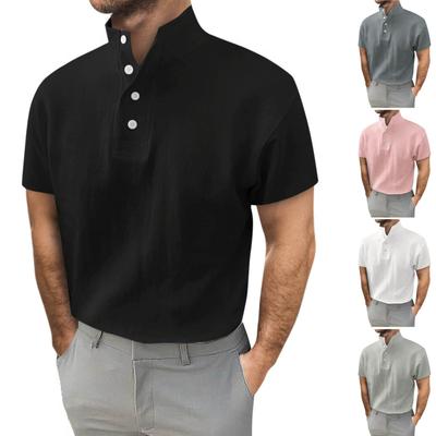 Herren Casual Fashion Kurzarm Einfarbig Knopf Hoher Kragen Bluse Top