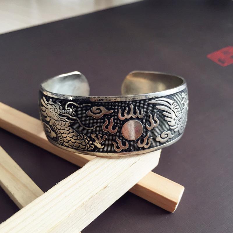 Retro Silver Bracelet Engraved Opening Wide Bracelet Fashionable Personality Miao Silver Old Antique Jewelry