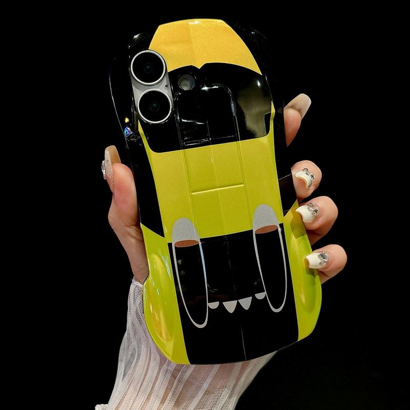 3D Car Shape Cool Glossy Phone Case For iPhone 16 Pro Max 15 Pro 14 13 12 11 Slim Hard PC Hybrid Silicone Soft Edge Shockproof Bracket Back Cover