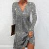 Women Loose A Line V Neck Long Sleeve Sequin Dress Solid Color Soft Breathable Pullover Elastic Above Knee Casual Shiny