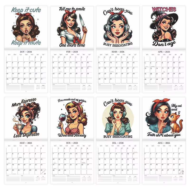 2026 Wall Calendar Enthusiastic Fuuny Pin-up Girl 12month Schedule Organizer Daily Weekly Agenda Planner Home Office Decor