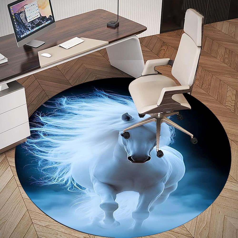 1pc White Horse Fantasy Round Chair mat office Area Rug - Non-Slip, Floor Mat for Office, Bedroom, and Indoor Decor p127004