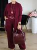 Women's 3-Piece Set: Pure Color Round Neck Top with Belt and Comfortable Long Sleeve Pants