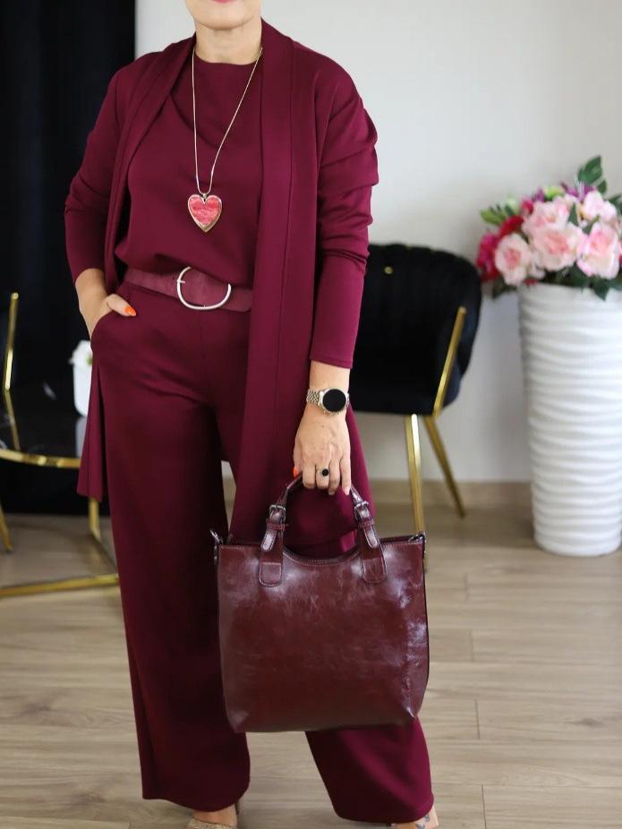 Women's 3-Piece Set: Pure Color Round Neck Top with Belt and Comfortable Long Sleeve Pants