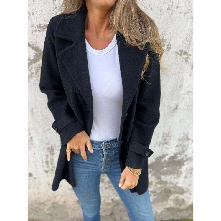 

Womens Wool Blend Coat Casual Loose Cardigan Autumn Winter Lapel Fake Pocket Europe America Fashion 3XL чорний