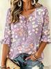 Women Round Neck Tie 3/4 Ruffle Sleeve Blouse, Mixed Shapes Tiny Floral Print, Versatile Top for Home & Commute